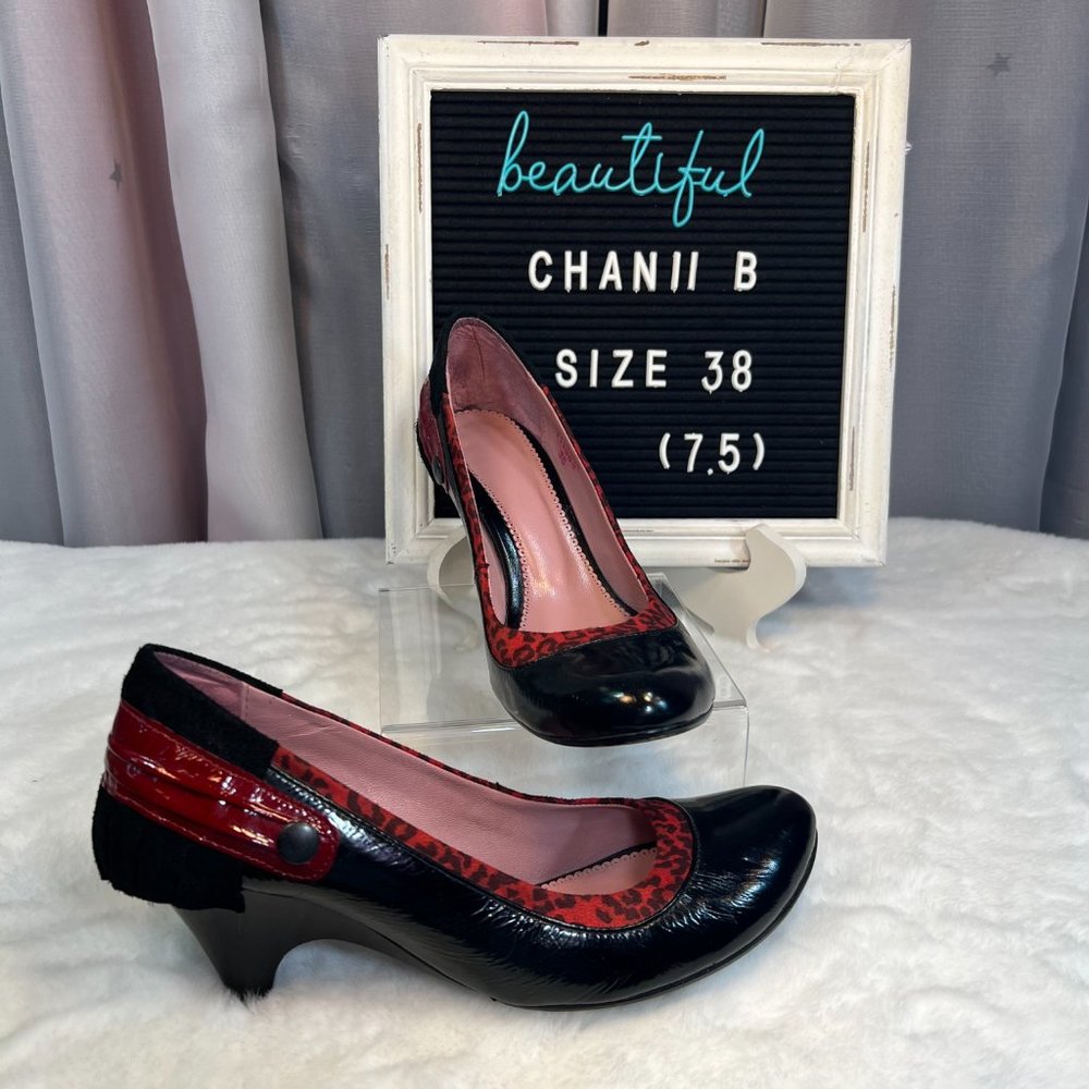 CHANII B Black Leather w Red Leopard Ruffle & Trim w Red Trim on Heels-38